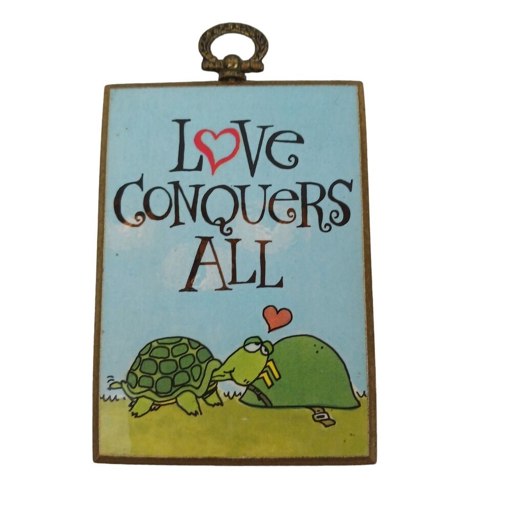 American Greetings Vtg Love  Conquers All Heart Turtle Plaque USA 1982 Military